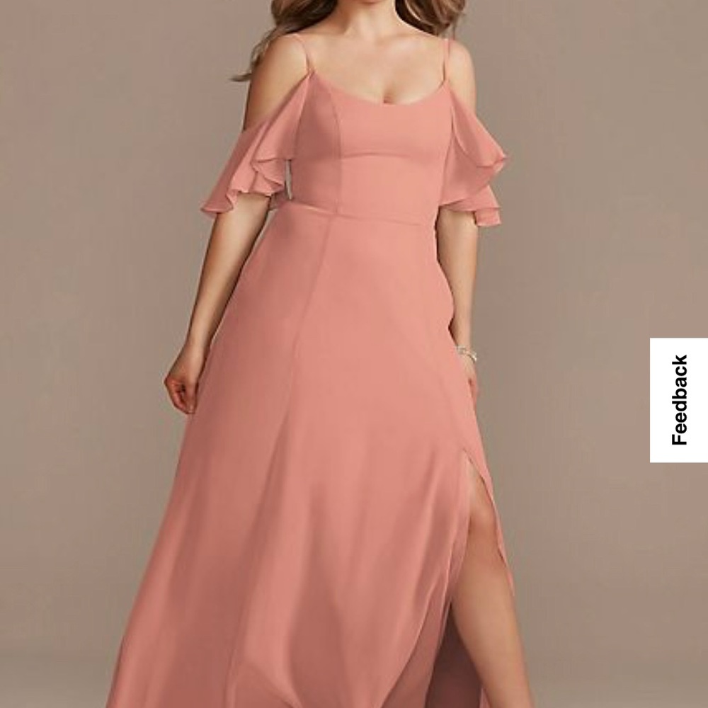 David’s Bridal Cold-Shoulder Long Chiffon Bridesmaid Dress F20365 Desert Coral